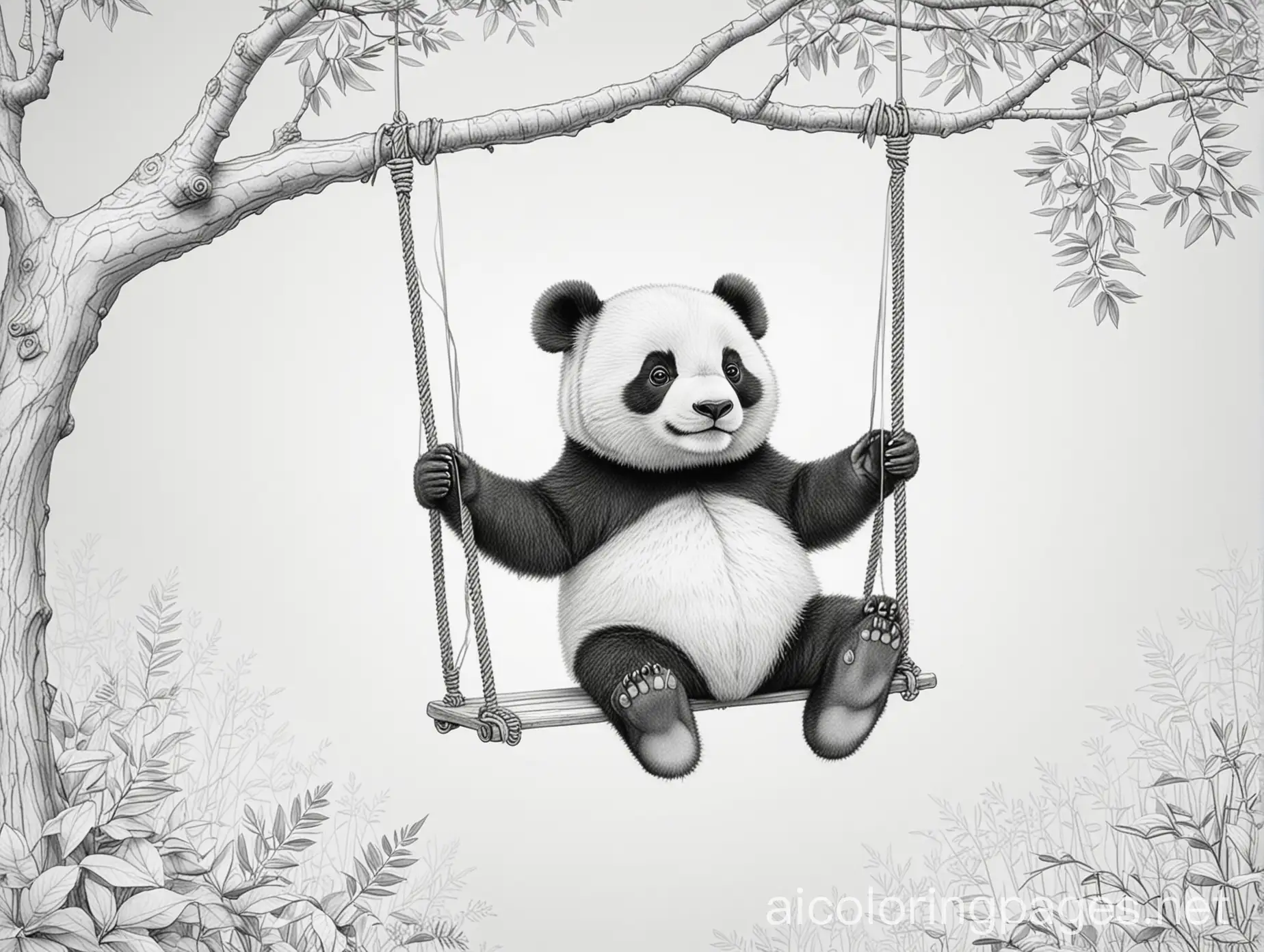 Panda on a swing, Coloring Page, black and white, line art, white background, Simplicity, Ample White Space. The background of the coloring page is plain white to make it easy for young children to color within the lines. The outlines of all the subjects are easy to distinguish, making it simple for kids to color without too much difficulty