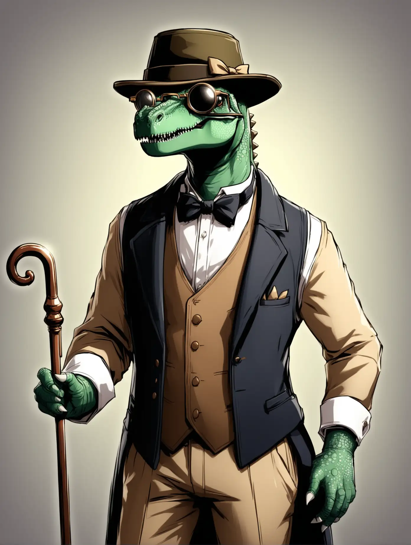 Dapper Dinosaur Detective with Hat Glasses Vest Bow Tie and Cane