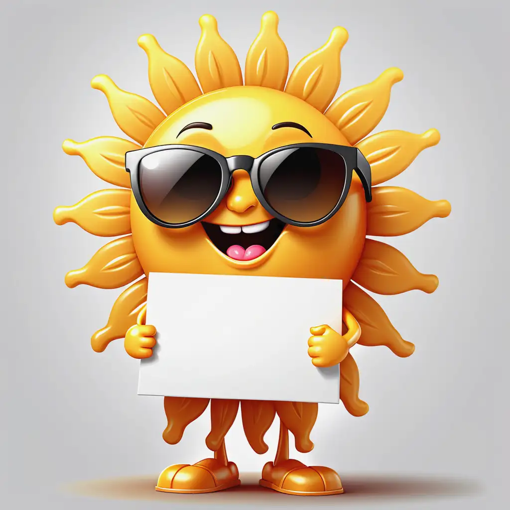 Cute sunshine cartoon wearing sunglasses with blank sign