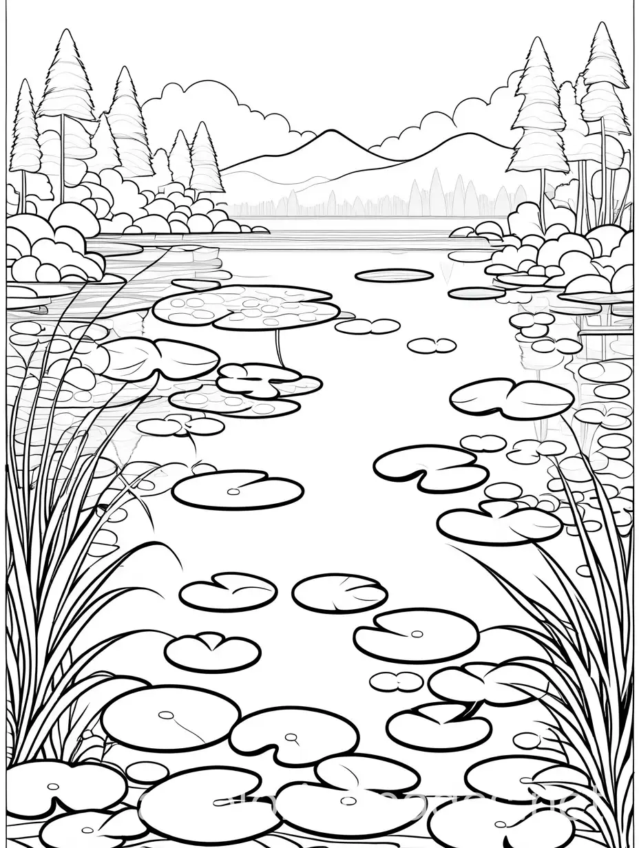 extremely simple, cartoon style, beautiful lake with lily pads, easy to color, black and white, coloring page, Coloring Page, black and white, line art, white background, Simplicity, Ample White Space, The background of the coloring page is plain white to make it easy for young children to color within the lines. The outlines of all the subjects are easy to distinguish, making it simple for kids to color without too much difficulty