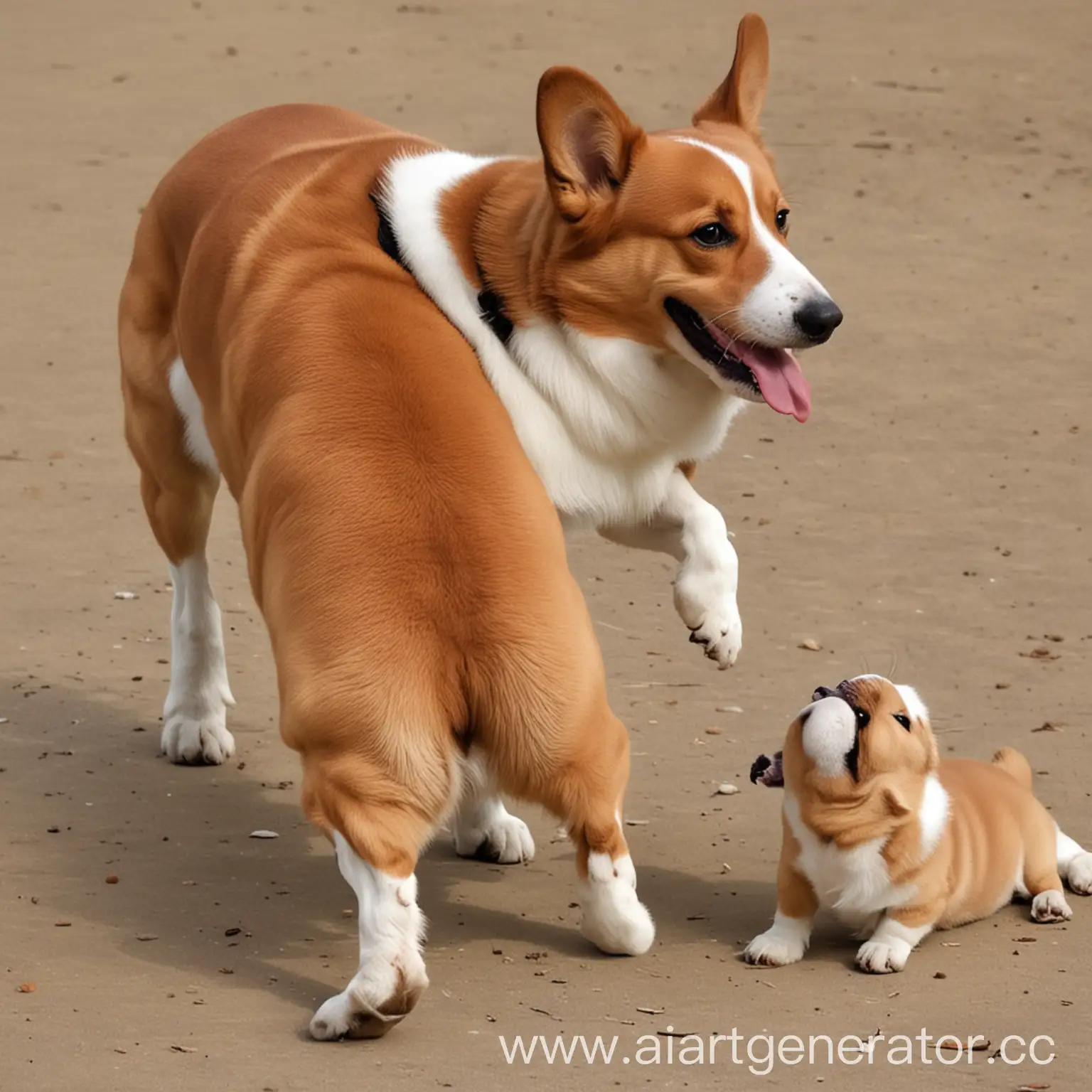 Playful-Dog-Engages-with-Welsh-Corgis-Rear-End