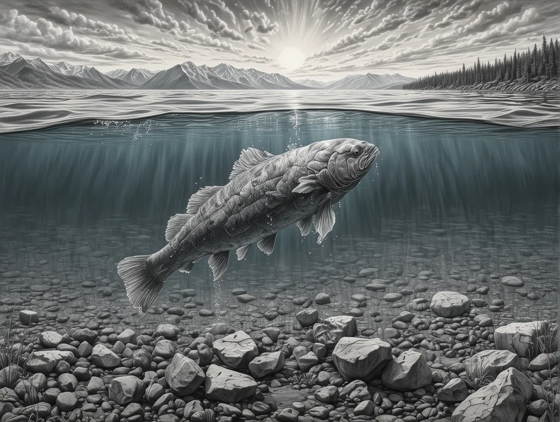 реалистичный рисунок в стиле карандашной графики детализированный хариус в воде озера Байкал