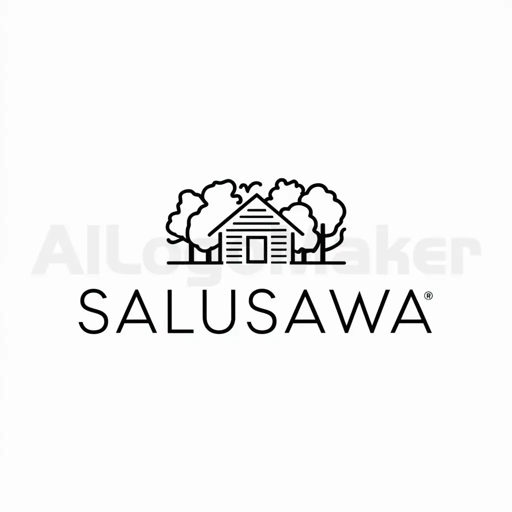 a logo design,with the text "Salusawa", main symbol:village, calm, wood, hidden,Minimalistic,clear background