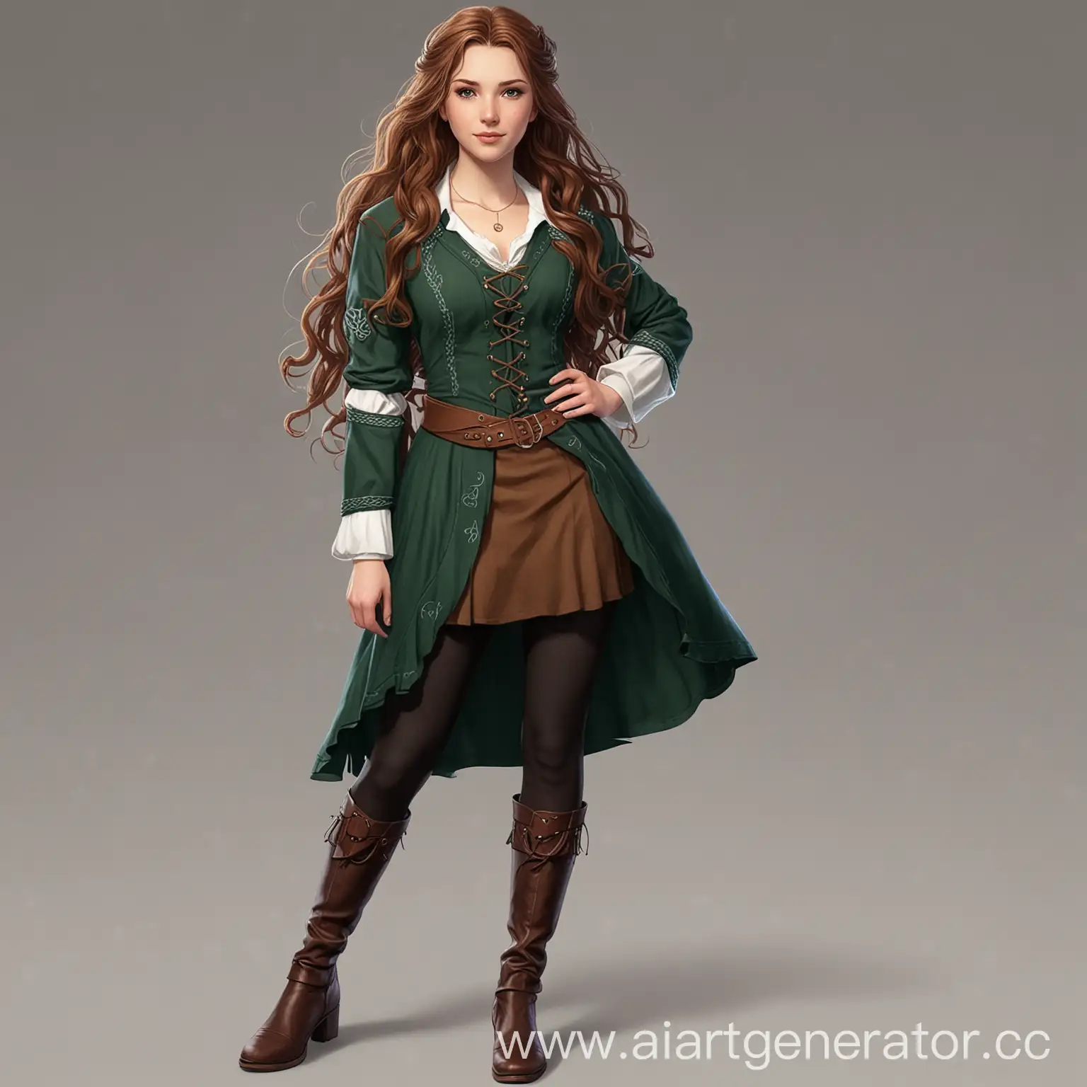 Young celtic woman, girl, best friend of main character, full height, full body, 2d character for visual novel, brown wavy long hair, celtic clothes, enthusiastic, decisive, sarcastic, medieval fantasy, brave, beautiful, no background, brown hair