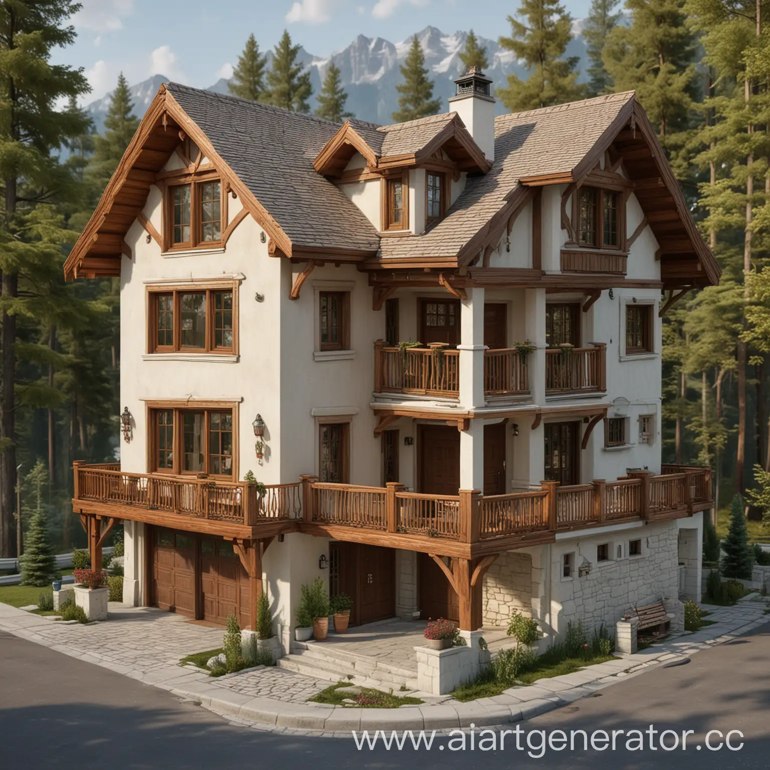 Chalet-Style-TwoStory-House-with-Wooden-Decor-and-Canopy-Balcony