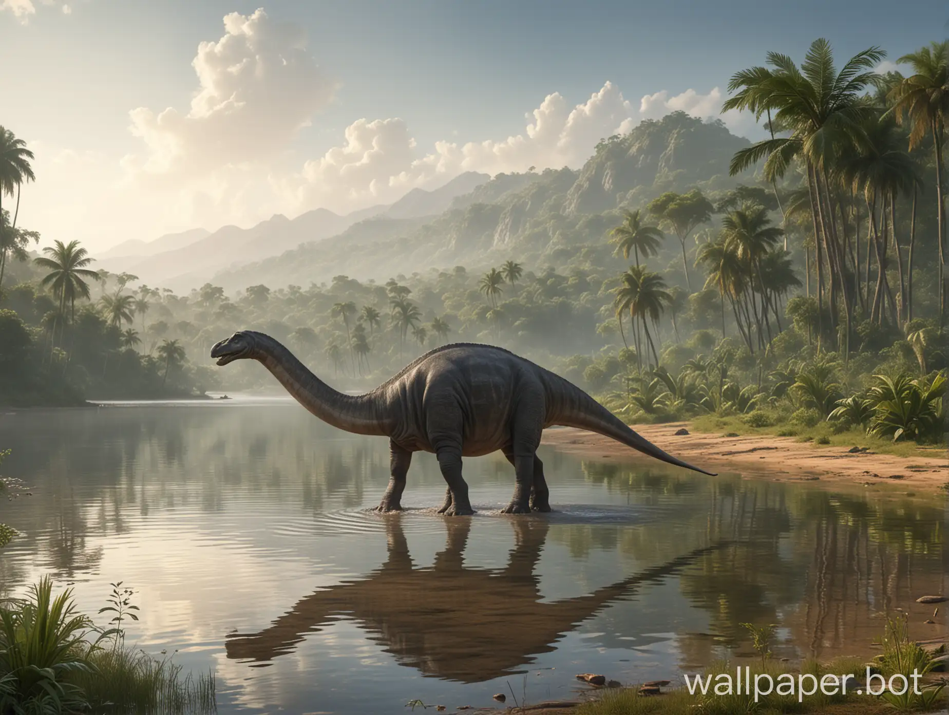 large lake in the jungle herd of several brontosaurus walking along the edge of the lake