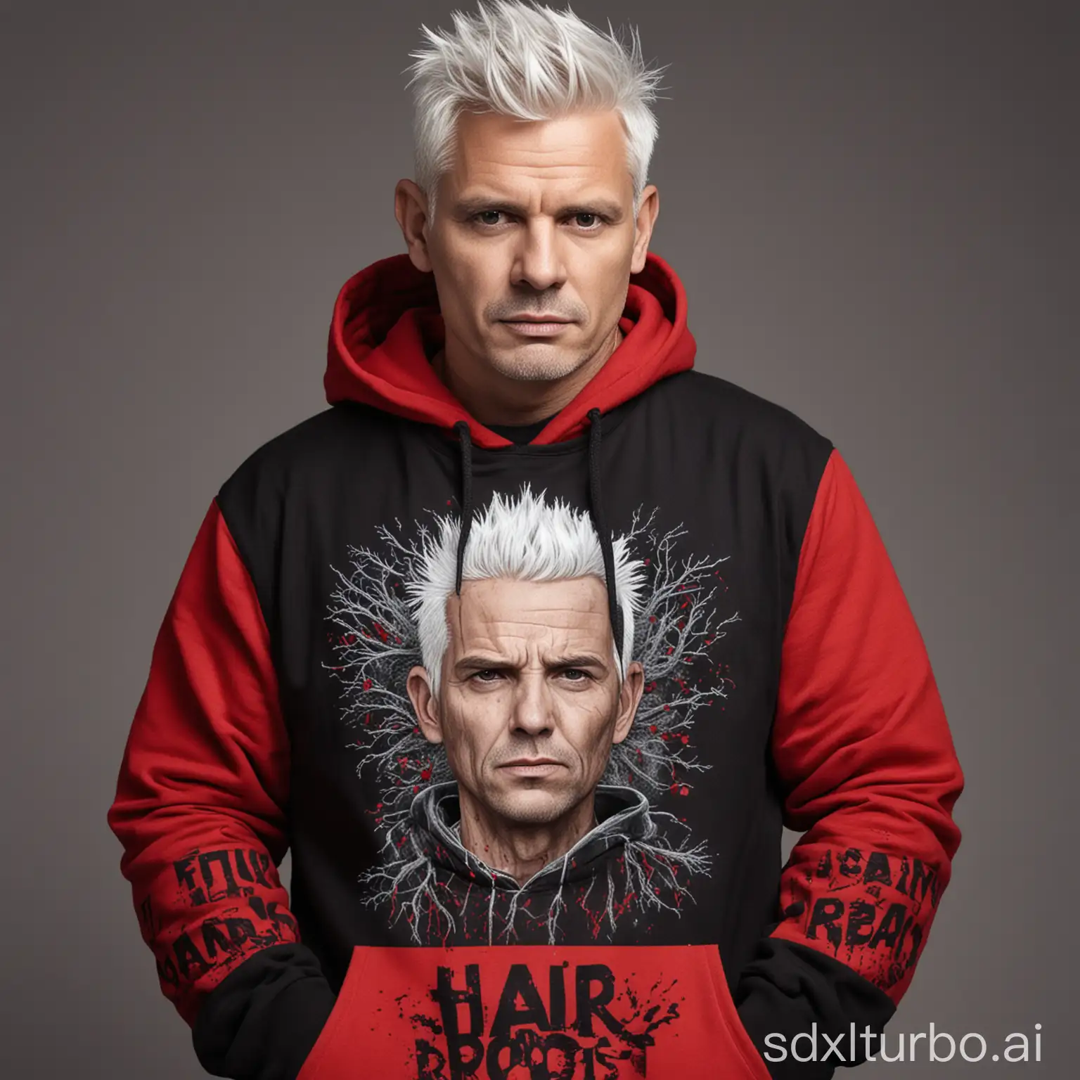 A 50-year-old attractive man with short white hair wears a red/black hoodie with 'Hair Root Spasm' print- Punk, band, hoodie, red-black