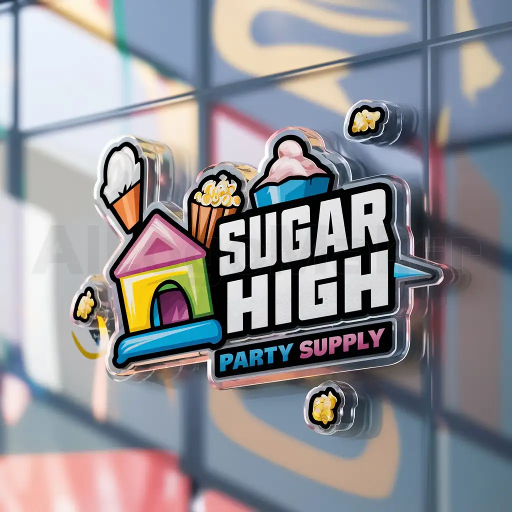 a logo design,with the text "Sugar High Party Supply", main symbol:Bounce House, snow cone, pop corn,complex,be used in  Others  industry,clear background