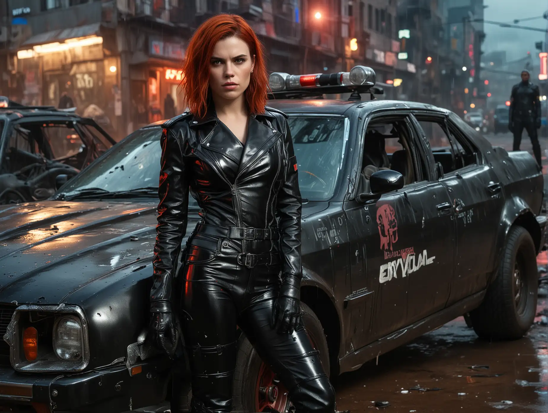 realistic photo cyberpunk police Clea Duvall with red hair and standing , wearing black low-cut shinny pvc catsuit , shinny pvc jacket , wearing long shiny pvc gloves , wearing shinny pvc thigh high boots , in destroyed cyberpunk city , next to mad max police car , inlighted with neons