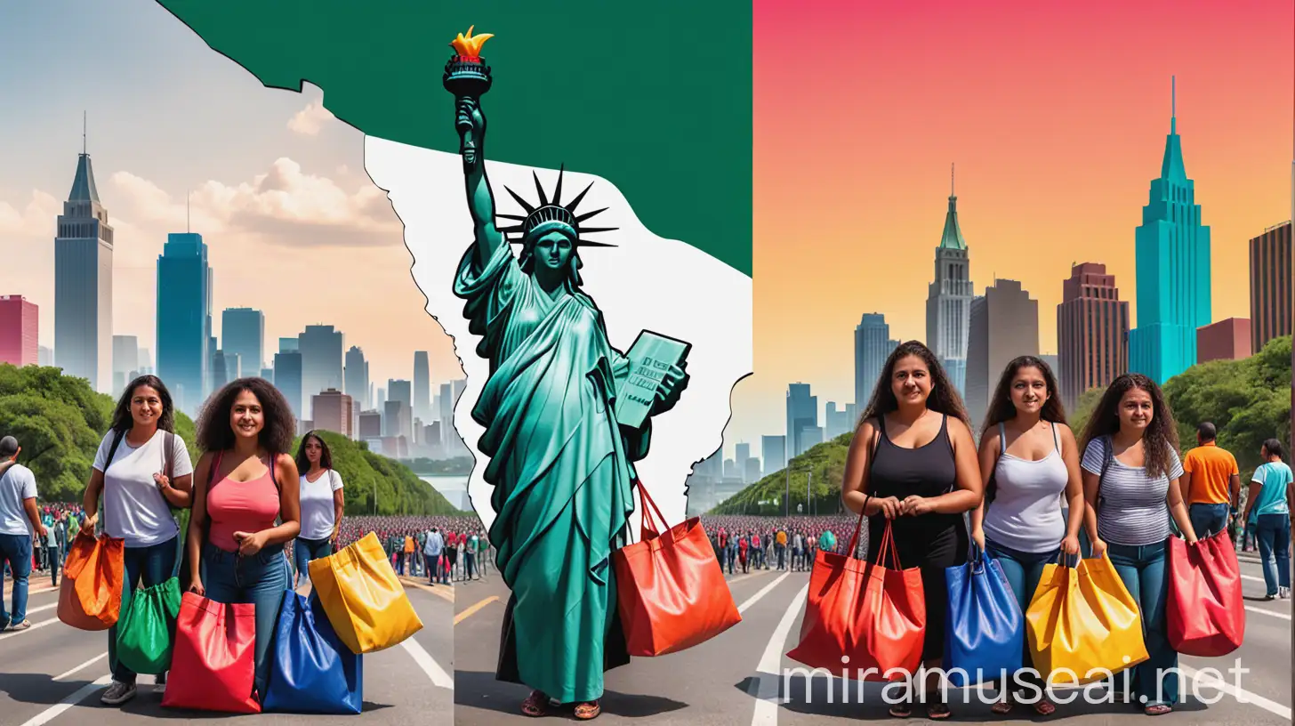 Create a visually compelling thumbnail split into two distinct sides. The left side represents America, with iconic symbols such as the Statue of Liberty, skyscrapers, and an urban landscape. The right side represents Mexico, featuring traditional elements like colorful architecture, vibrant markets, and scenic landscapes.

In the middle, show a diverse group of people with bags in their hands, symbolizing their move from America to Mexico. The people should look determined and hopeful, with clear indications that they are leaving one country and entering the other.

Use vibrant colors to highlight the contrast between the two sides and 
