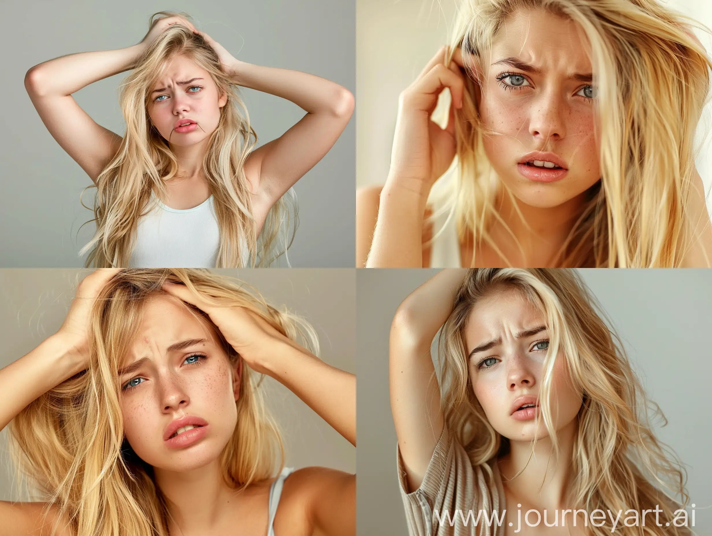 Sad-Blonde-Girl-Scratching-Hair-in-Natural-Light-Portrait