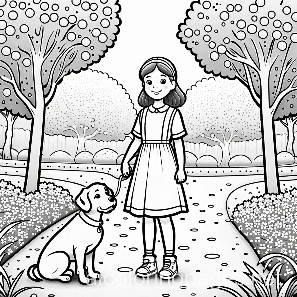 a little girl with a dog in the park, Coloring Page, black and white, line art, white background, Simplicity, Ample White Space