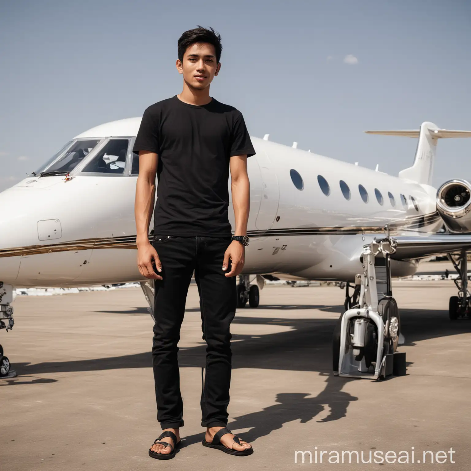 Young Javanese Man Standing by Private Jet in Casual Attire