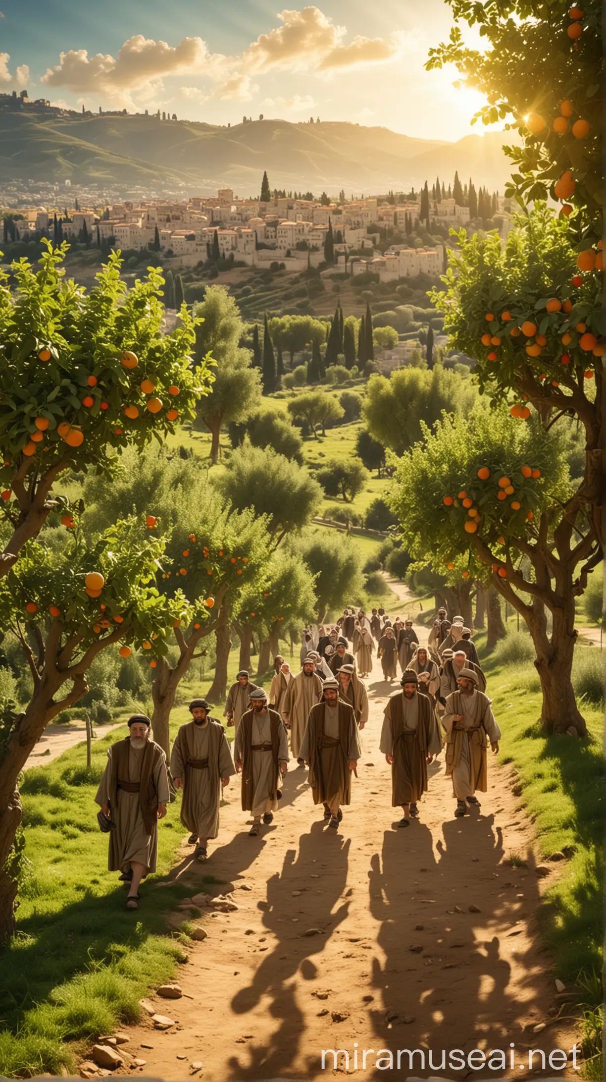 Ancient Jewish People Walking Through Lush Green Valley with Fruit Trees and Cityscape Under Bright Sun
