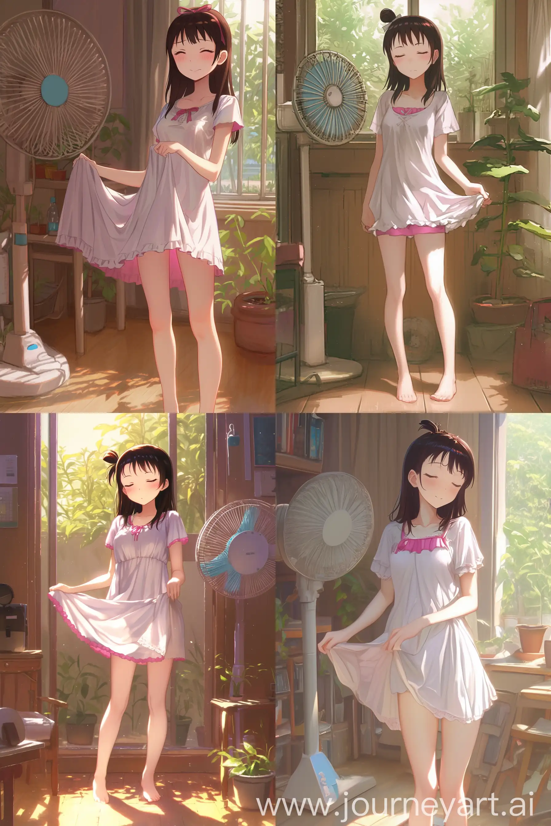 Anime girl standing in front of a fan, wearing a white dress with pink accents, slightly lifting the hem, with a shy expression, detailed background showing a cozy room with plants and various objects, soft lighting, realistic and intricate details, capturing a warm, summertime vibe, high-resolution, inspired by Makoto Shinkai's style --cref https://cdn.discordapp.com/attachments/1240202563924529203/1255377811036835951/c1d2c2db65ec7376ba6ca041db4813fa.jpg?ex=667ce931&is=667b97b1&hm=81f2f9a26ceb4c01430a0f6889e4b5bdbb0f0d24073b5deed6d66502b5ed9e4f& --cw 100 --ar 2:3 --s 500 --niji 6
