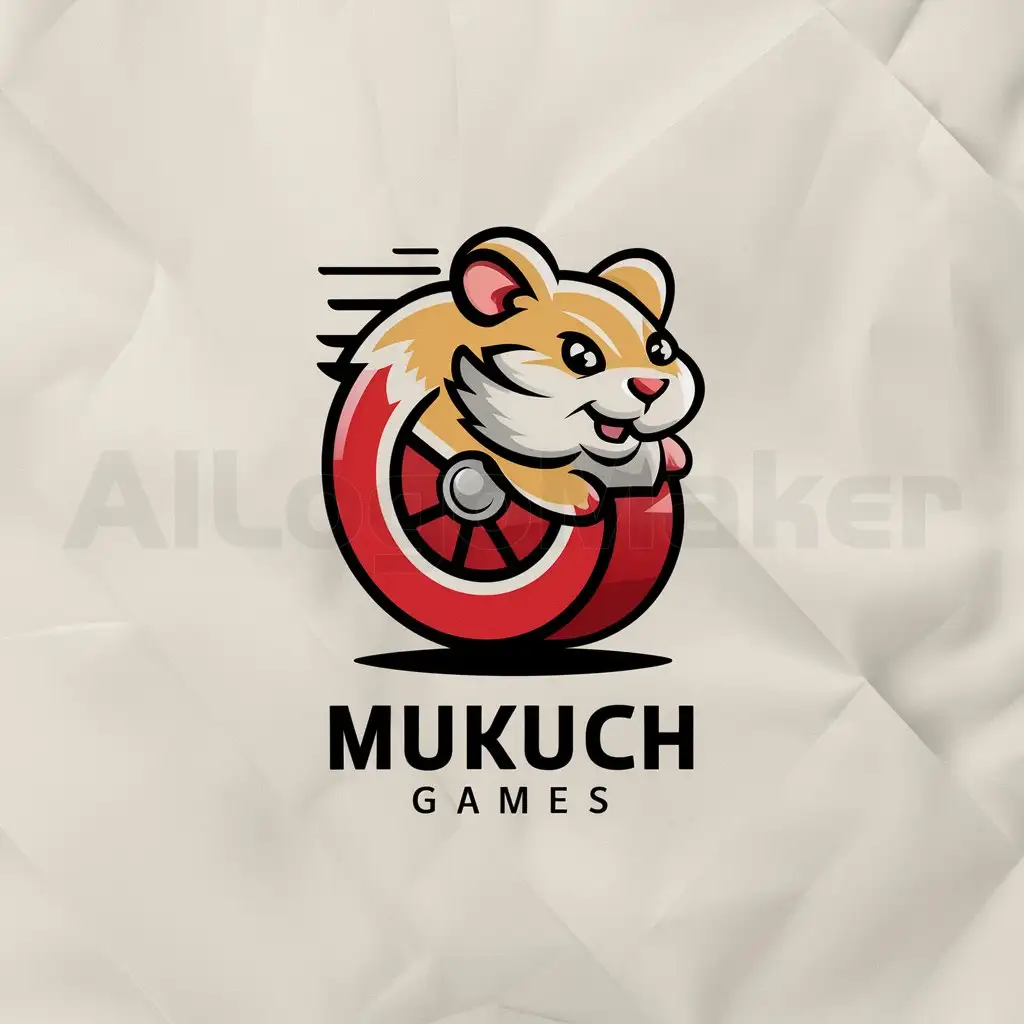 a logo design,with the text "Mukuch Games", main symbol:Blonde Hamster on a red wheel,Moderate,clear background