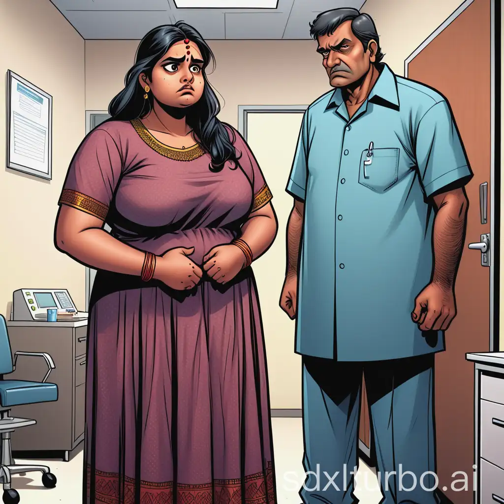 an American comic book style of a 25 year old Indian fat girl in salwar standing sadly and a 55 year old Indian male father standing in angry in a hospital office cabin