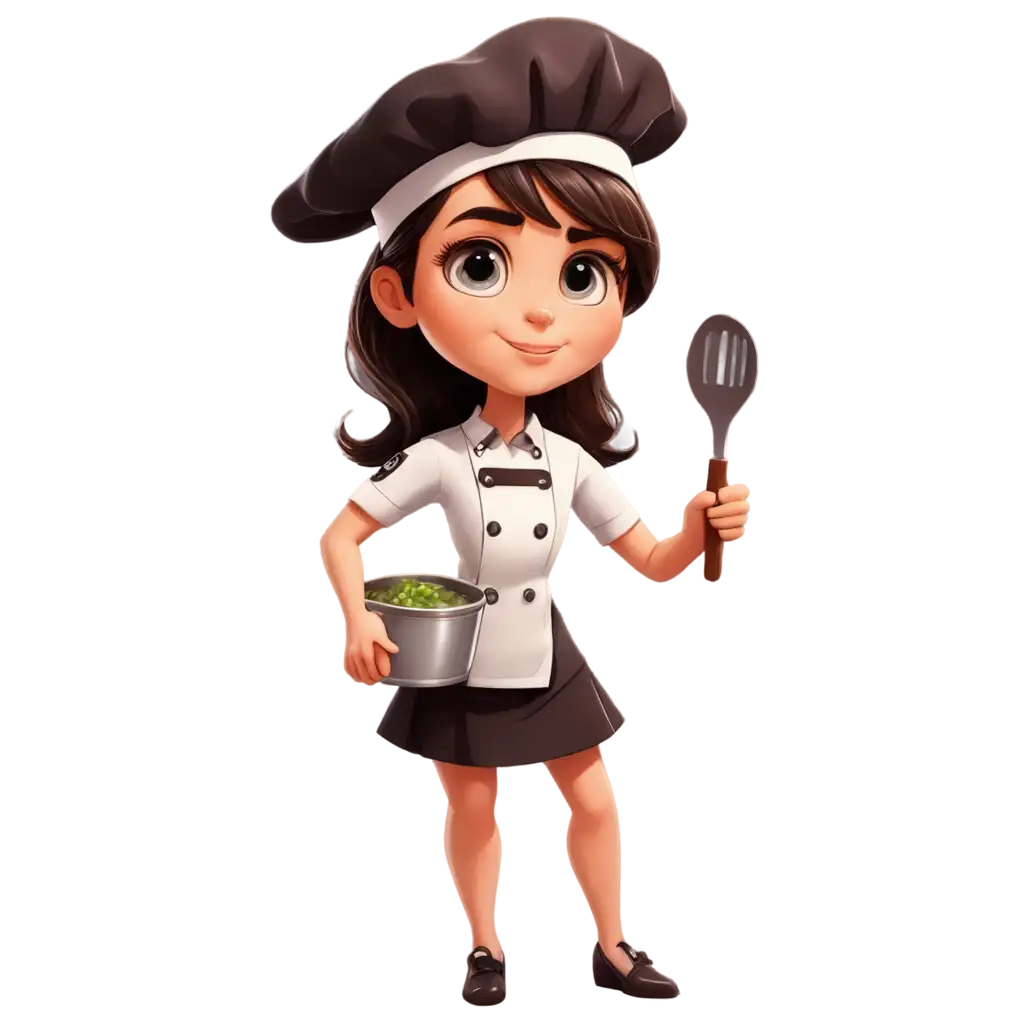 Cute chef girl in uniform character holding a turner food restaurant logo cartoon art illustration