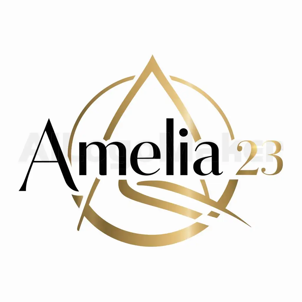 a logo design,with the text "Amelia 23", main symbol:Create a logo with the following conditions, it must have a circle similar to a drop of water and in front of the golden circle it must have the word Amelia with the A being bigger than the following letters, in golden color.,Moderate,be used in Beauty Spa industry,clear background