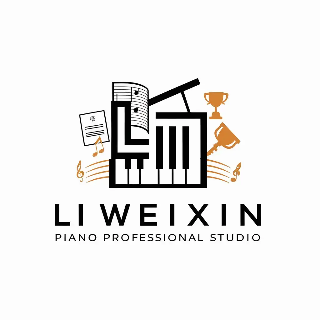 a logo design,with the text "Li Weixin Piano Professional Studio", main symbol:Li, steelboard, key, certificate, trophy, music score,Moderate,be used in Education industry,clear background