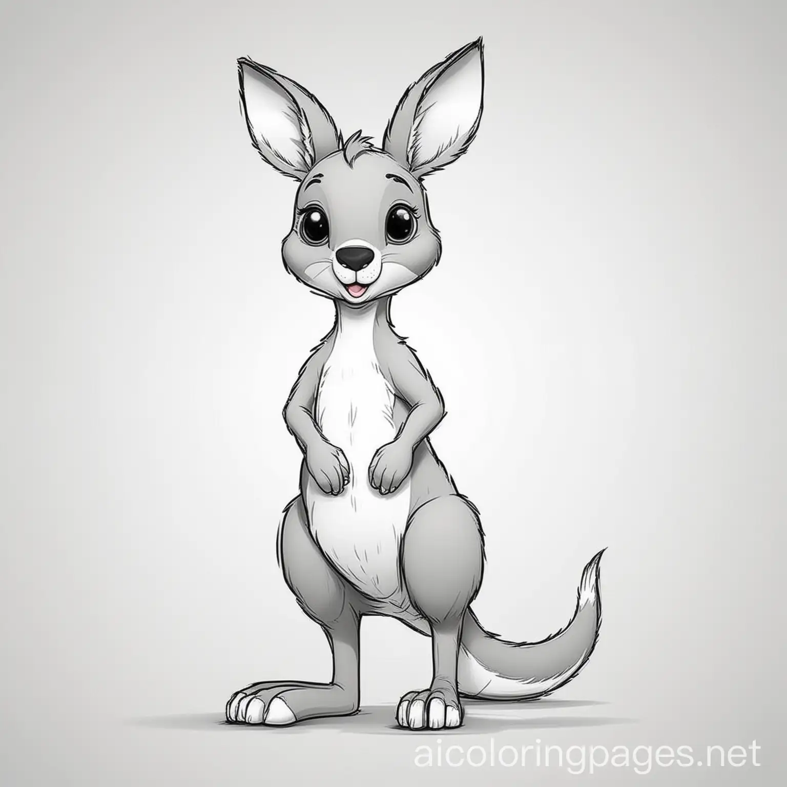 happy funny cute cartoon  kangaroo standing side view, Coloring Page, black and white, line art, white background, Simplicity, Ample White Space. The background of the coloring page is plain white to make it easy for young children to color within the lines. The outlines of all the subjects are easy to distinguish, making it simple for kids to color without too much difficulty