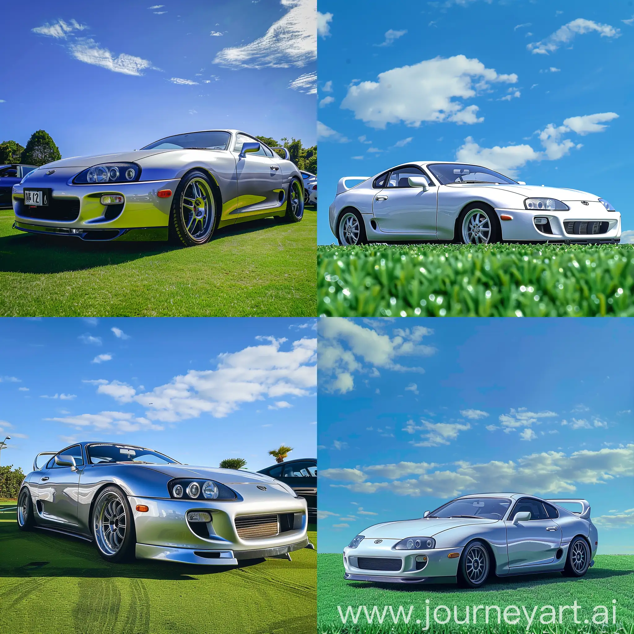 A cute Car called Supra model mk4, The car is parked on green grass and in the back a beautiful blue sky --ar 16:10 --sref 955852072 --stylize 300 --v 6 --sw 1000 