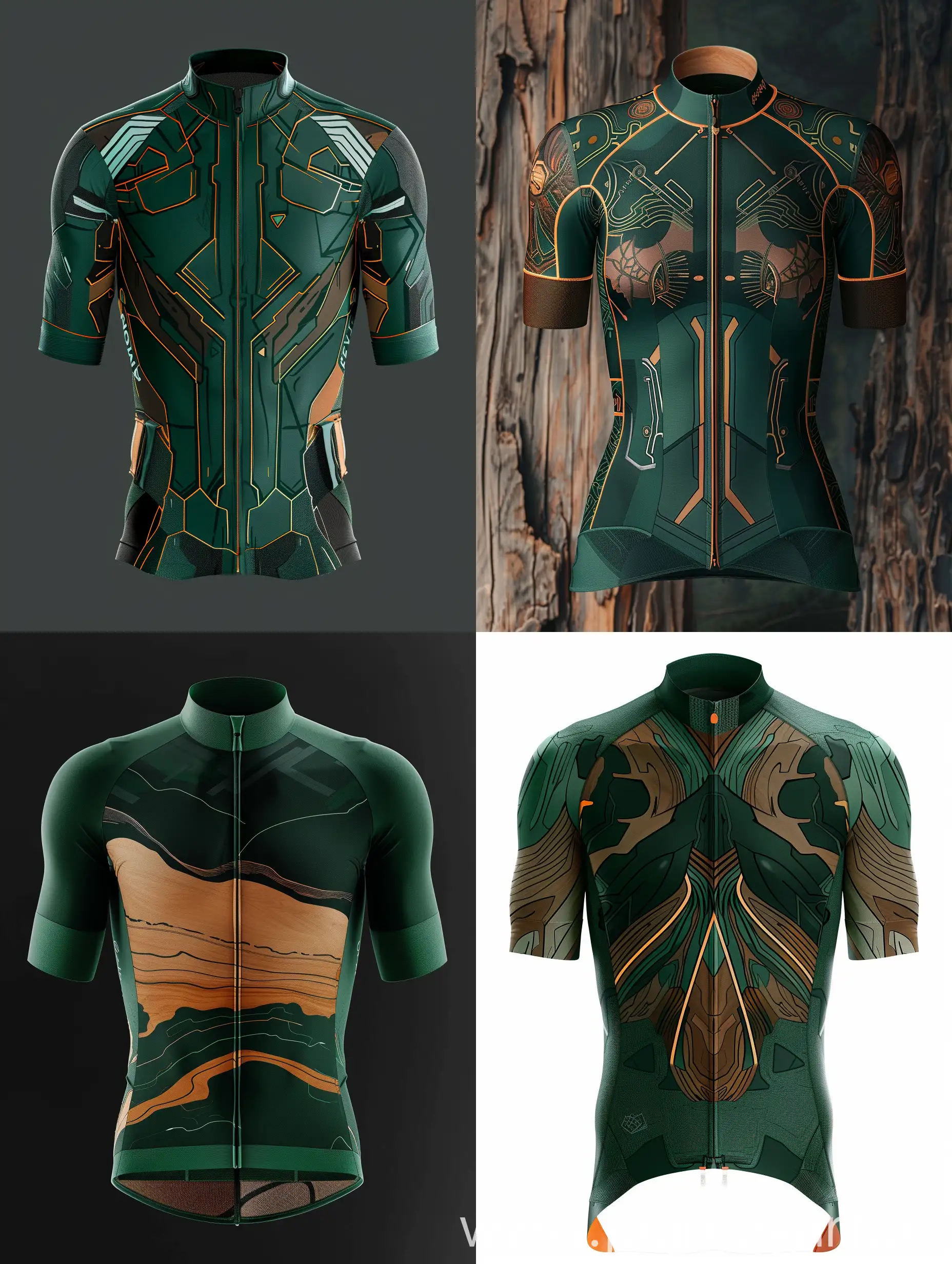 Cycling-Jersey-Design-in-Cybernetic-Style-with-Dark-Green-Green-Wood-Brown-and-Orange-Colors