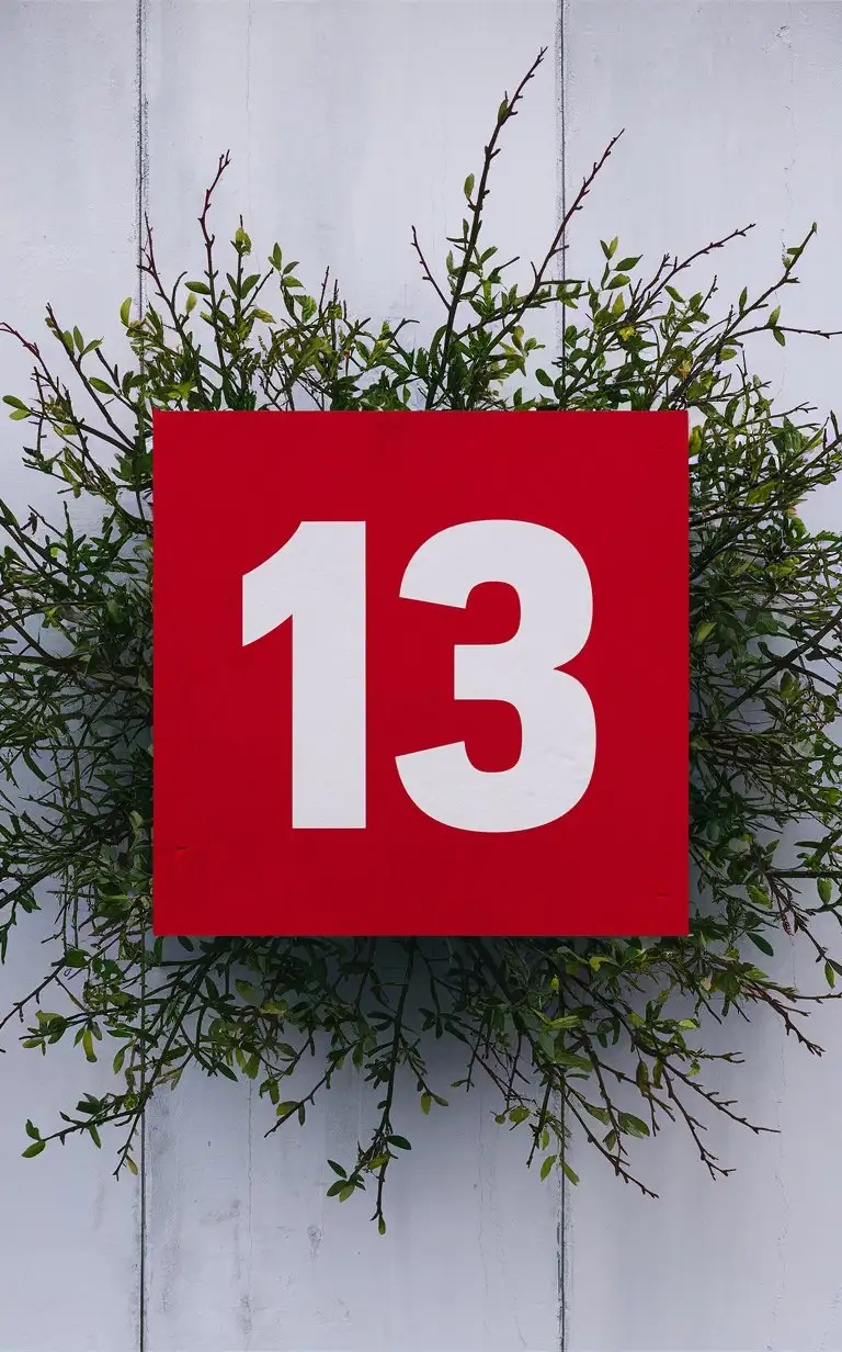 На красном квадрате белым цветом написано «13». Веточки с зелёными листьями  по бокам задний план белый