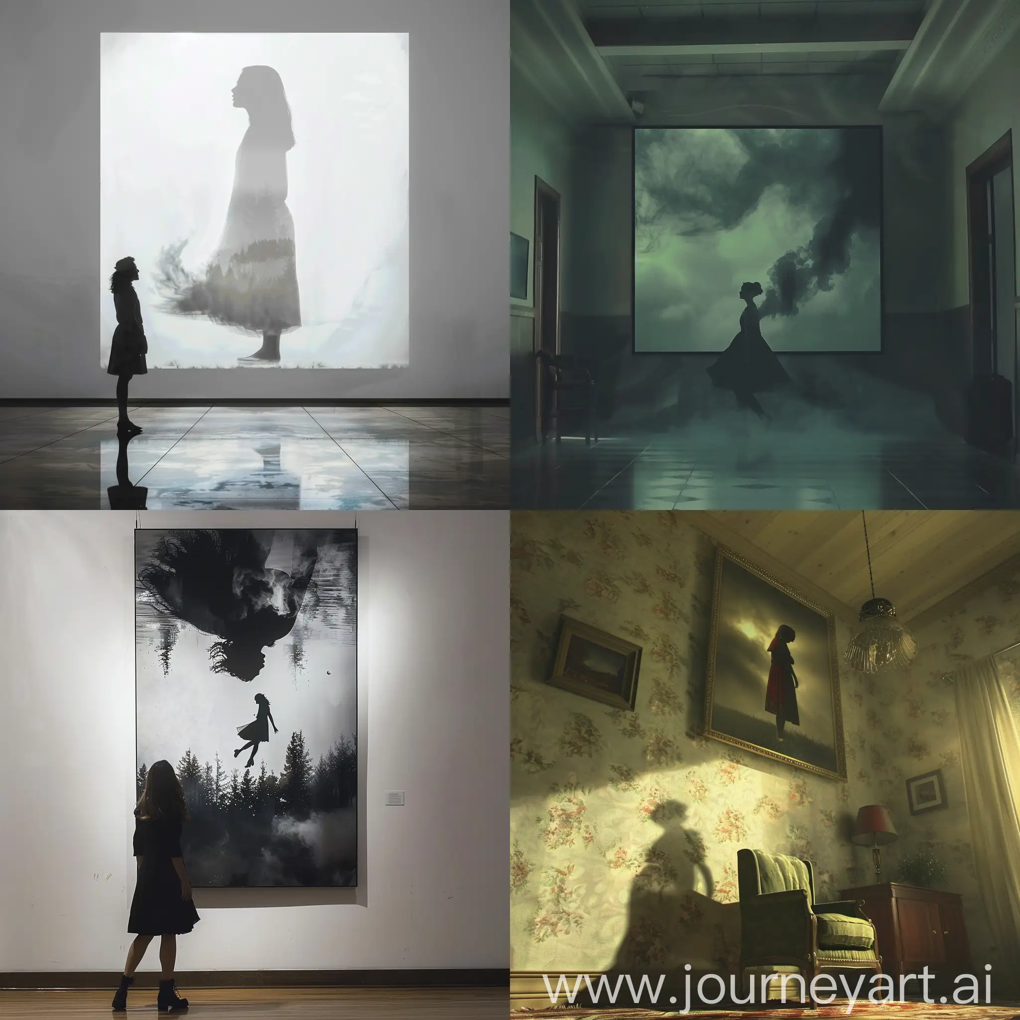 A realistic depiction of a surreal scene and a surreal phenomenon, a huge photograph of a woman hangs on the wall, from which a slightly transparent silhouette of this woman separates and descends from the photo into the real world
