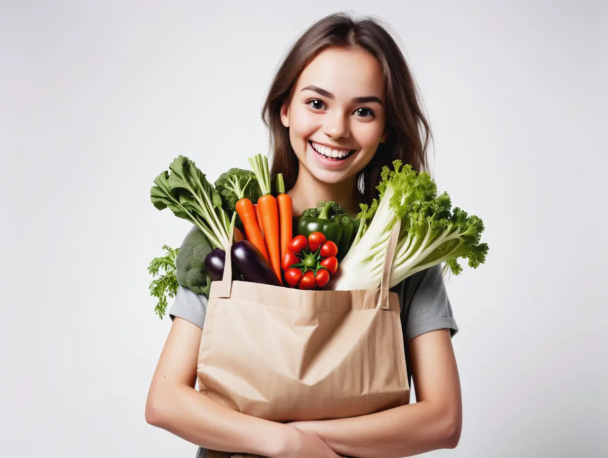 smiling face. young woman with vegetables bag isolated over white background. Horizontal shot. studio portrait; close-up; FUNKOPOP
