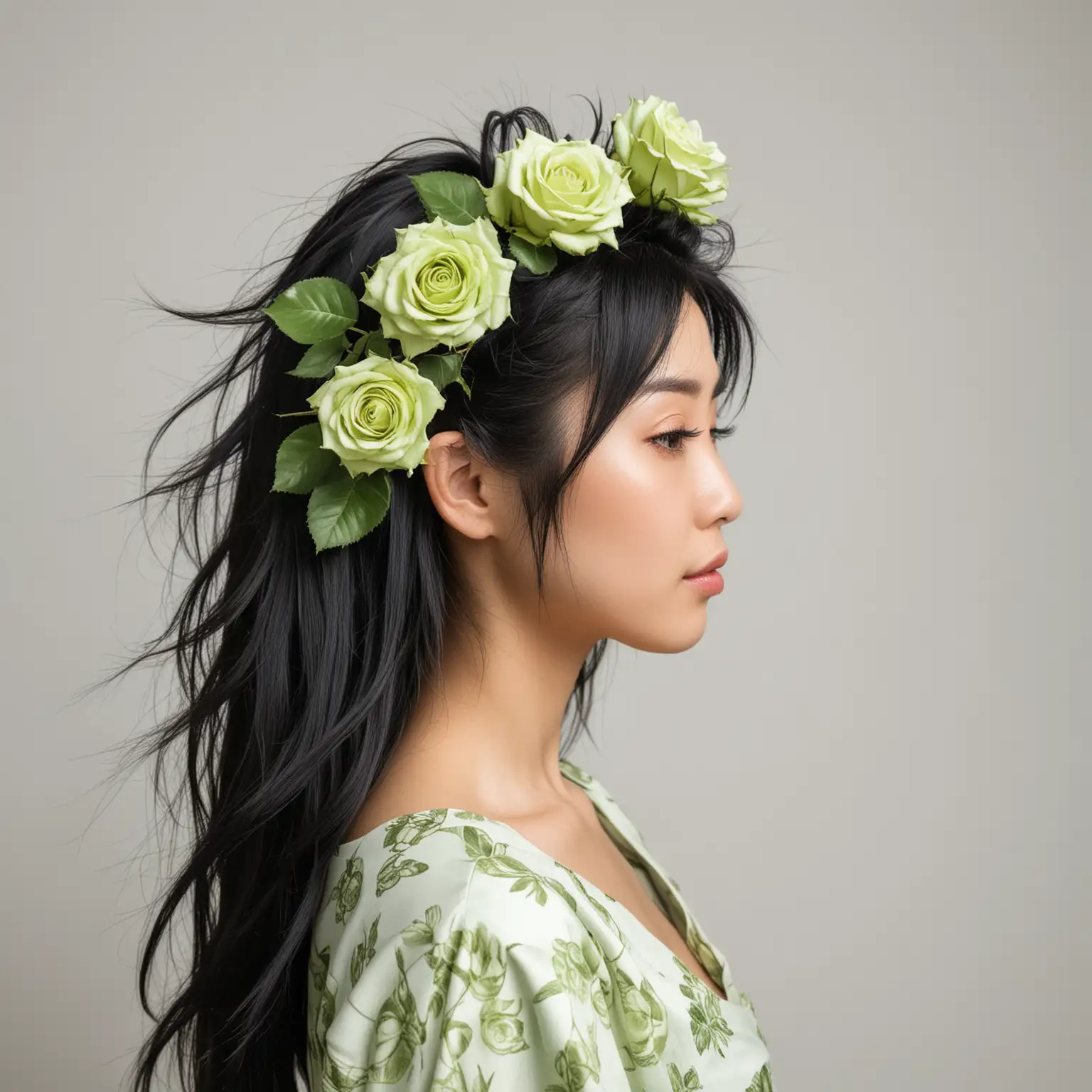 Japanese Woman with Super Saiyan Hair and LimeGreen Roses in Side Profile Portrait
