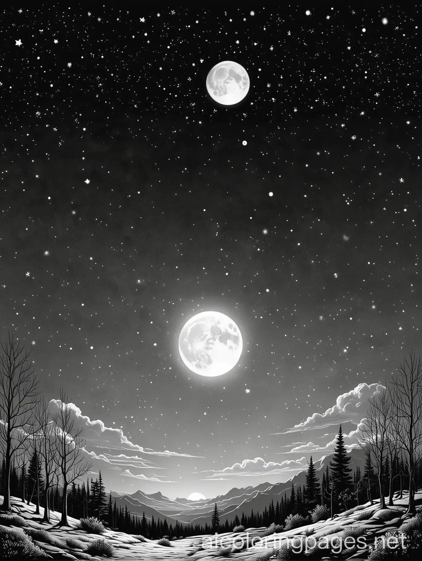a very Christmassy, moonlit night sky, with only one moon, Coloring Page, black and white, line art, white background, Simplicity, Ample White Space. The background of the coloring page is plain white to make it easy for young children to color within the lines. The outlines of all the subjects are easy to distinguish, making it simple for kids to color without too much difficulty