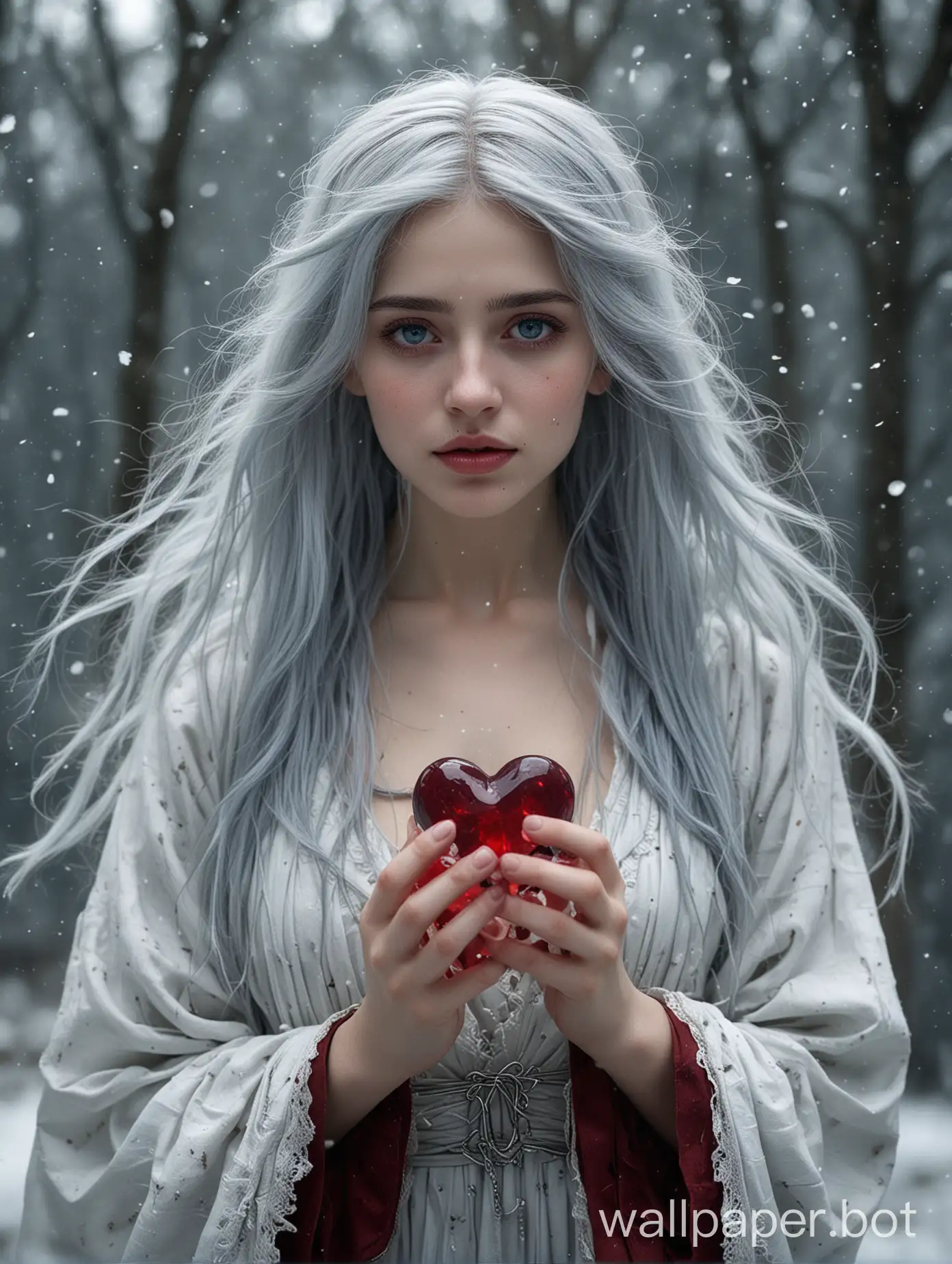 pictured is a mysterious girl of 19, whose long silvery-blue hair flows in the wind, creating an effective backdrop. Her grey eyes, strikingly deep, look directly at the viewer, captivating with their unfathomable depth. In her hand she holds a ruby heart, from which blood drips, creating a contrast with her pure, snow-white attire. Her clothing is light and airy, like a dress or light robe, accentuating her otherworldly appearance, as though she has come from another world. The cover may be bathed in the shadows of night, further enhancing the sense of mystery and magic.