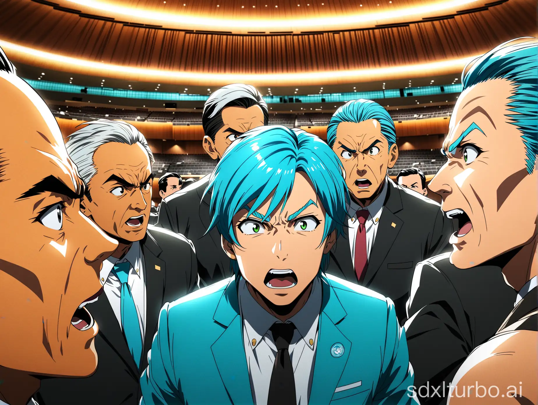 Anime style, United Nations General Assembly hall, multiple men arguing, close-up shot, high-definition quality, 4K, original