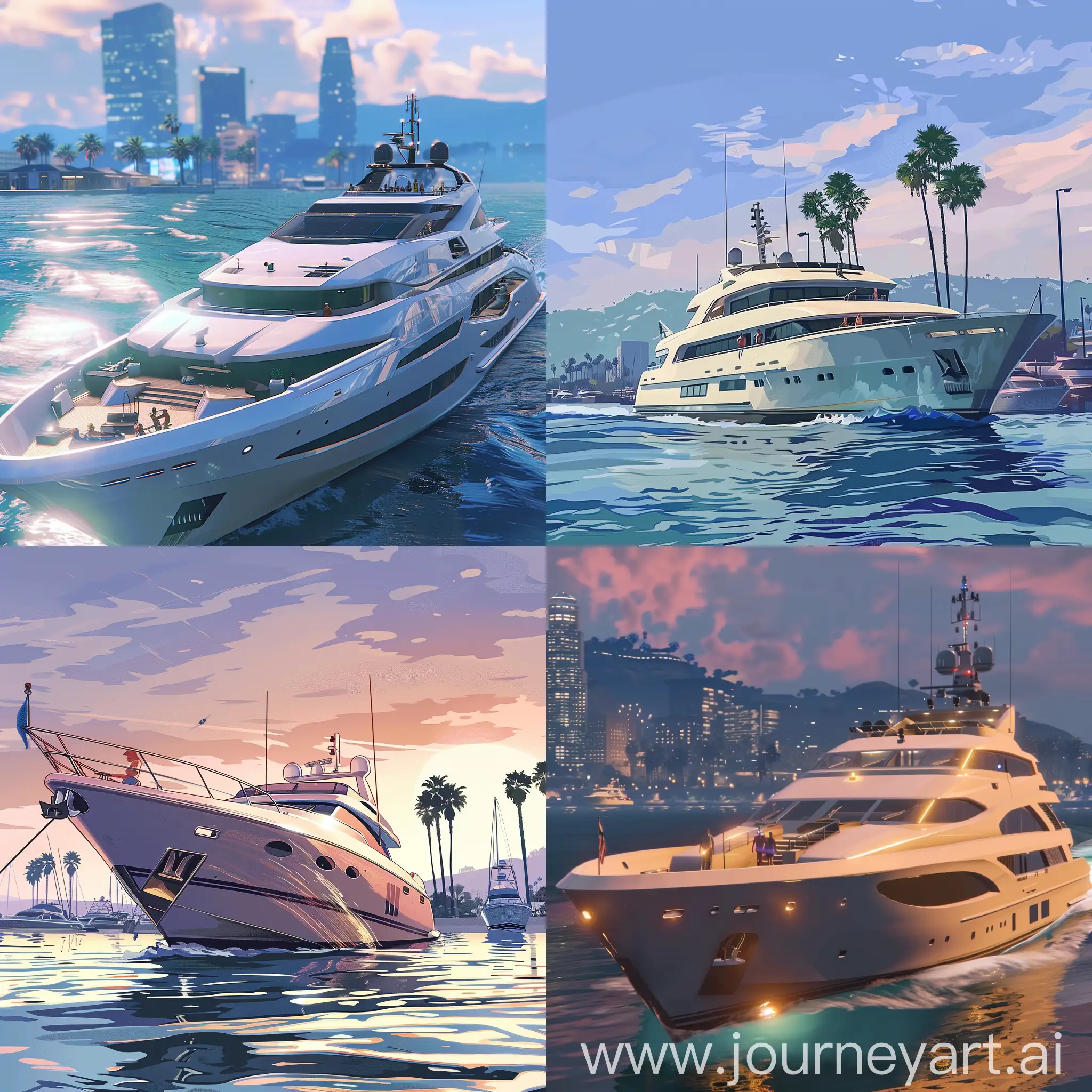 superyacht from the game GTA Five, vacationing people can be seen on the yacht background