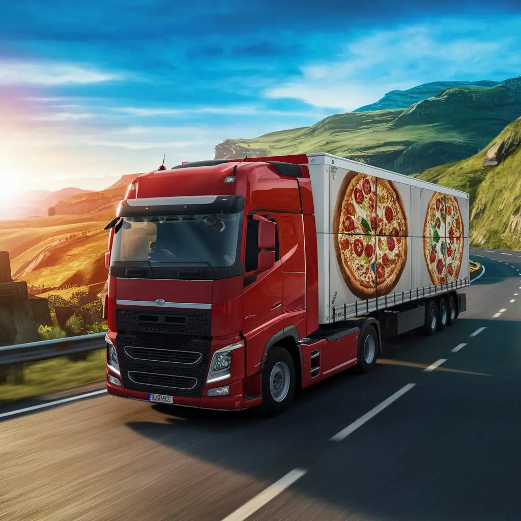  video game screenshot showing a Red European truck driving on a road, transporting pizza delivery in its trailer, set in a natural environment.