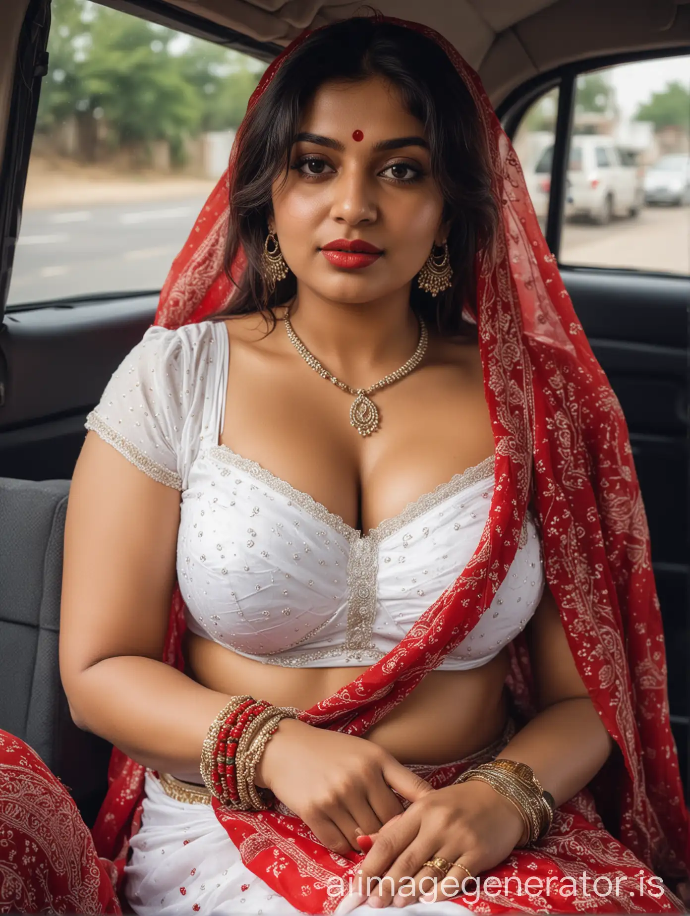 indian busty girl, wearing white bra with red transparent chunri, red lipstick, bangles, sitting backseat of the car