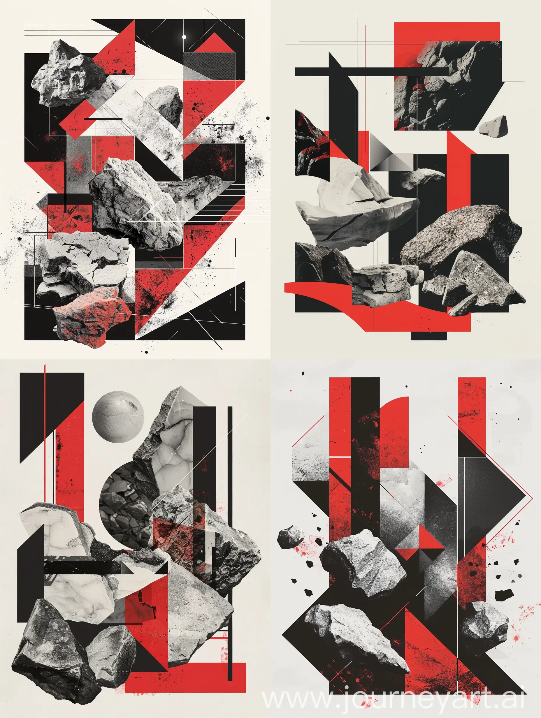 poster design, composition of shapes and forms in red black white grey with geometric elements, with rocks and stone 