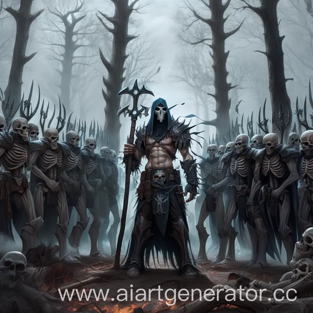 Мужчина, некромант в маске стоит в мёртвом лесу. За его спиной армия из восставших солдат-нежити. У его ног лежат закованные в цепи порабощенные 