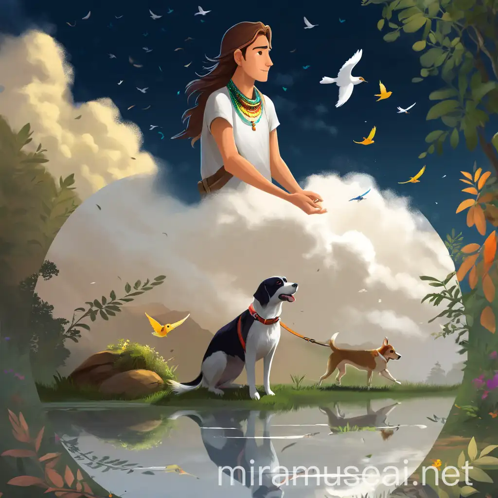 Spiritual Connection Young Man Dog and Flying Bird in Dreamy Forest Art
