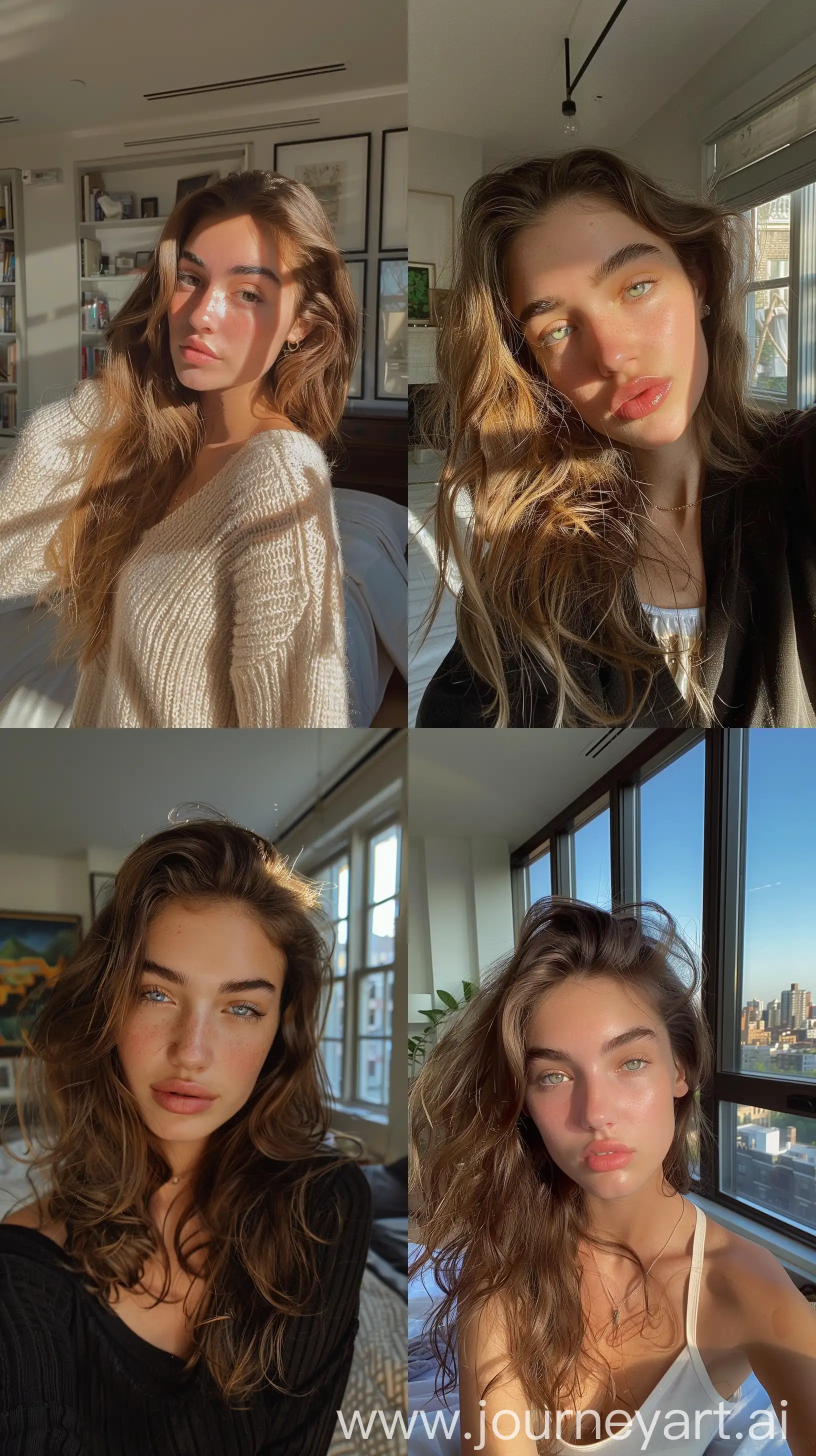 Aesthetic Instagram selfie of Haley Kalil's little sister, 15 years old, pretty, super model face, in fancy New York apartment, bushy thick eyebrows, wide set, looking into camera, throw face away in room --ar 9:16