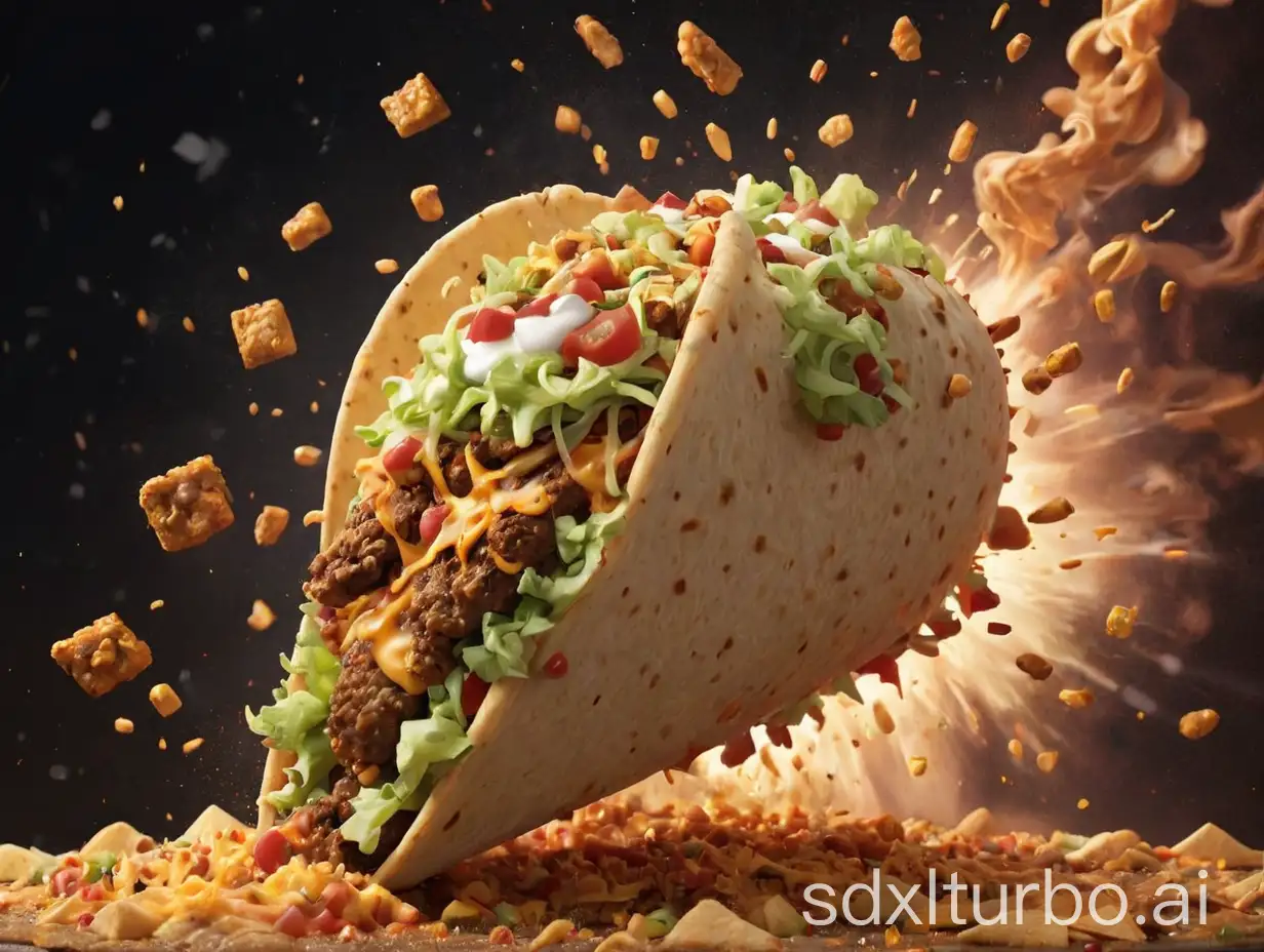 An explosion of Taco Bell tacos leaving planet Earth.