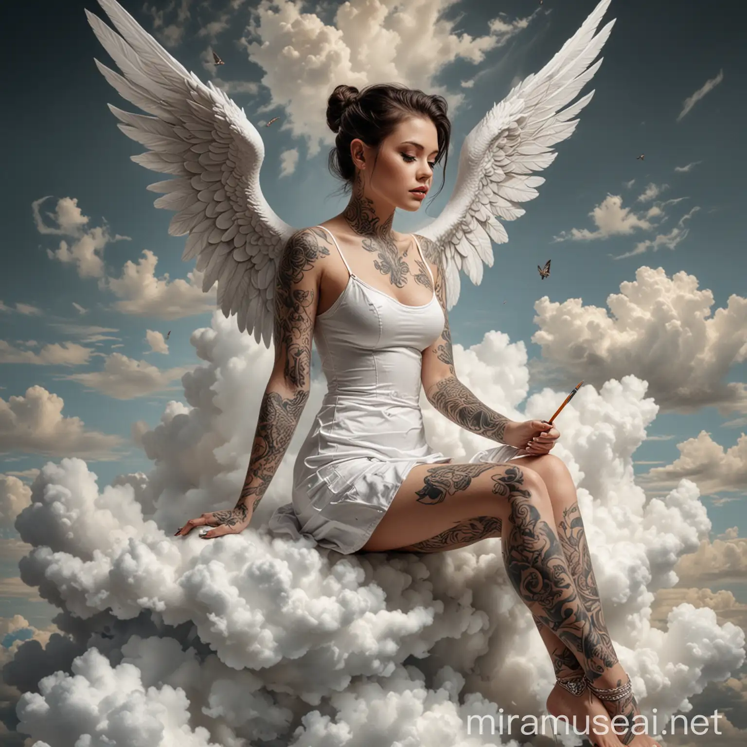 Hyper Realistic Photography Tattooed Angel Drawing on Canvas from Cloud