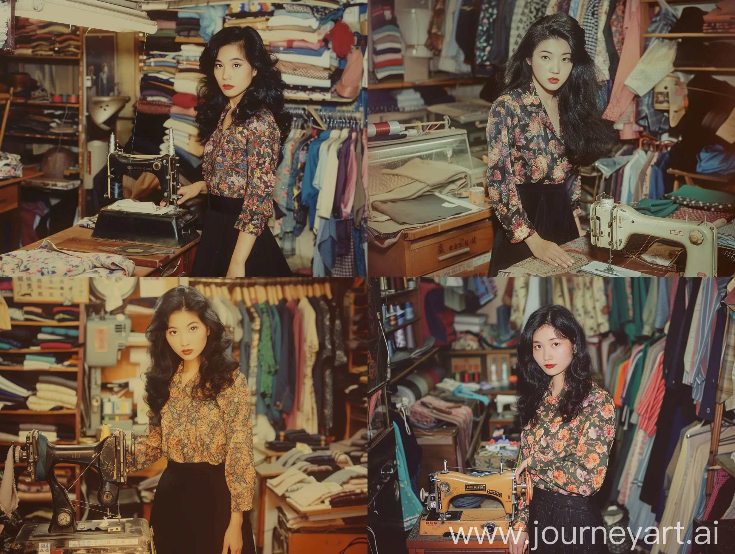 photo of a tailor shop in Hong Kong  back in the 1980s. The shop is full of outfits and cloths, with a traditional manual sewing machine in the center, and is tended by a beautful Hong Kong woman owner wearing a floral-patterned blouse and black skirt, she has long black wavy hair and foxy eyes. The photo is taken with a vintage 1980s camera feel. 