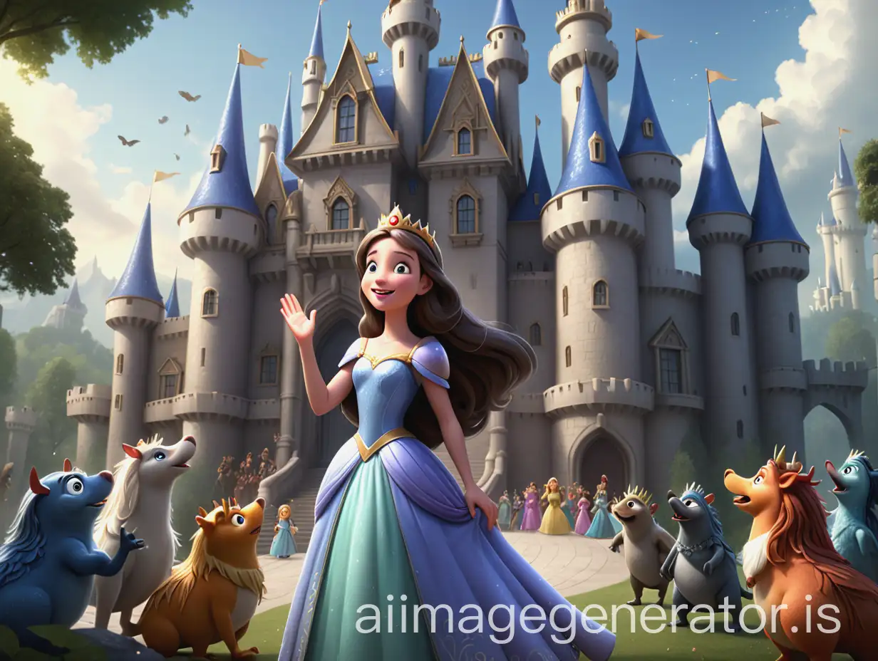 An image of a kind-hearted and brave princess standing in front of her grand castle. She’s waving at the creatures of the kingdom, who are all gathered around to see her.