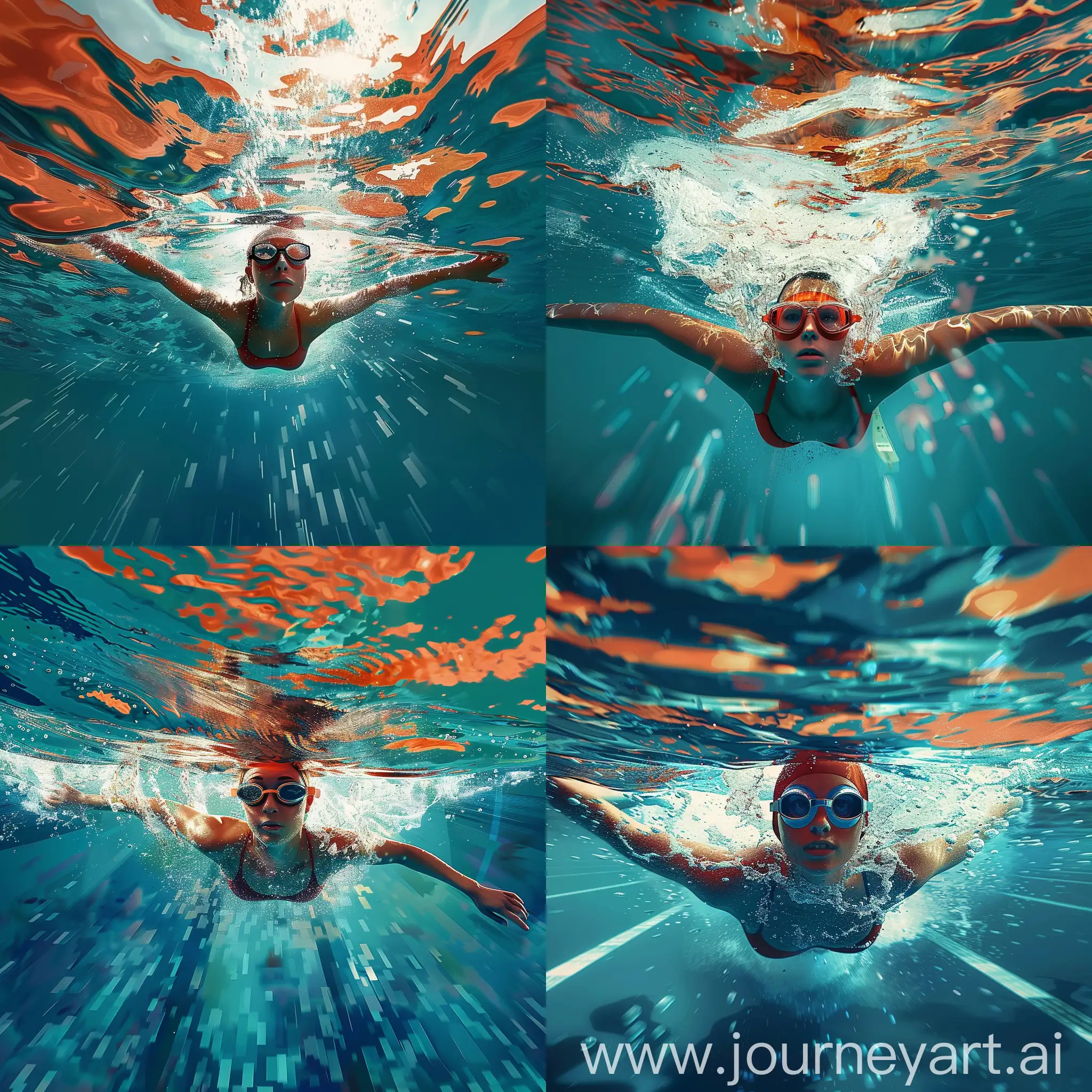Young-Female-Swimmer-Racing-Underwater-with-Splashes-in-Digital-Art