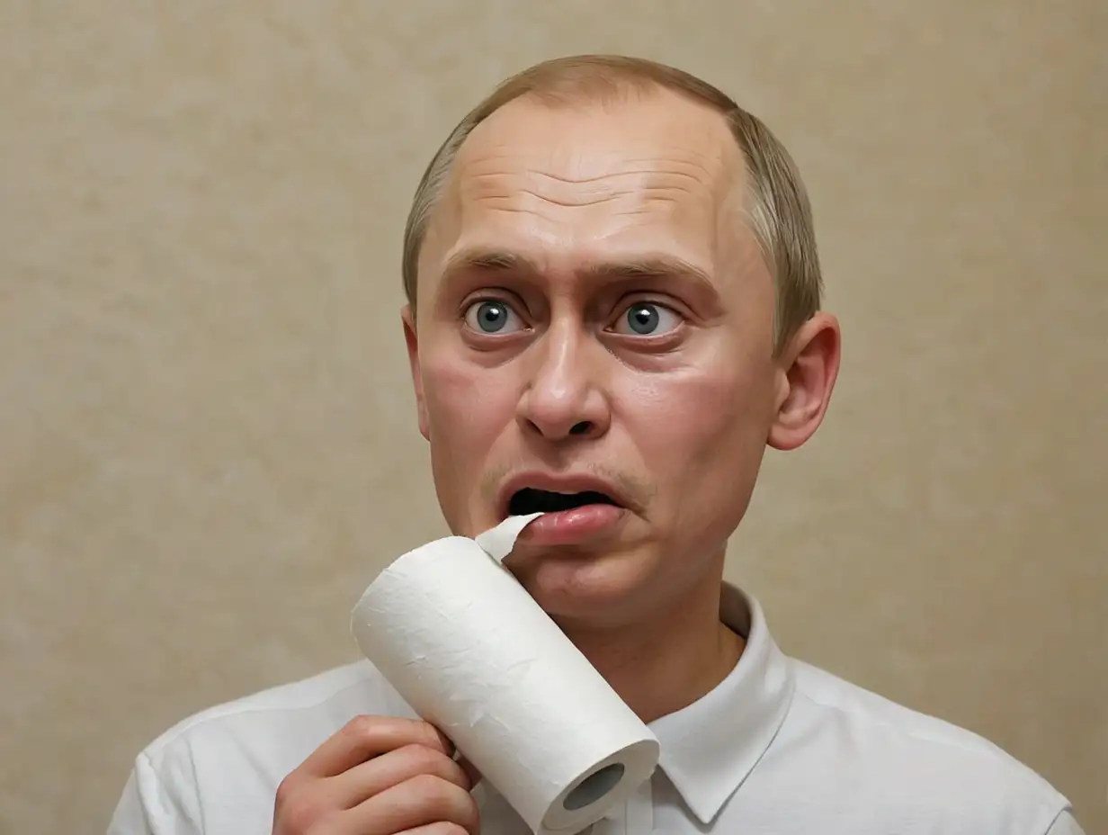 Путин-подросток с рулоном туалетной бумаги во рту