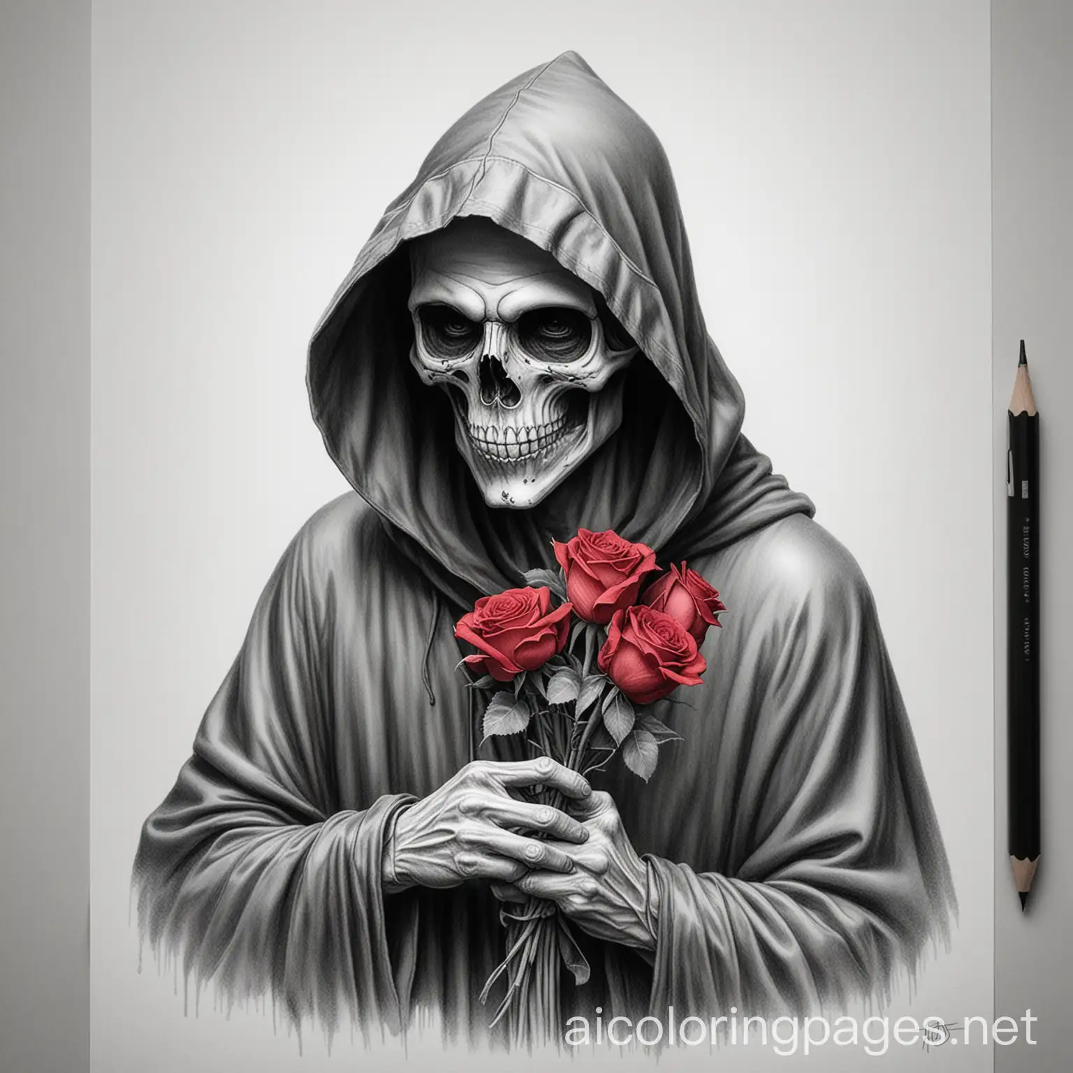 Hooded-Grim-Reaper-Contemplating-Roses-Realistic-Coloring-Page-Art