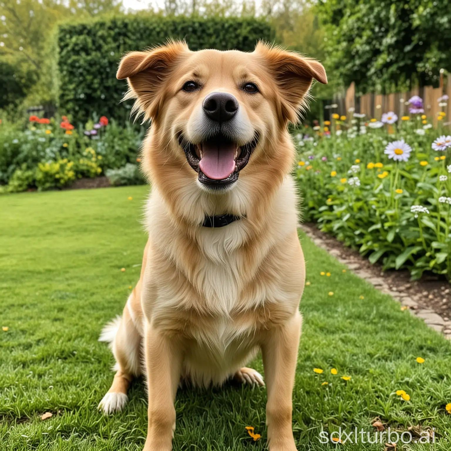 Cheerful-Dog-Enjoying-Sunny-Day-in-the-Vibrant-Garden