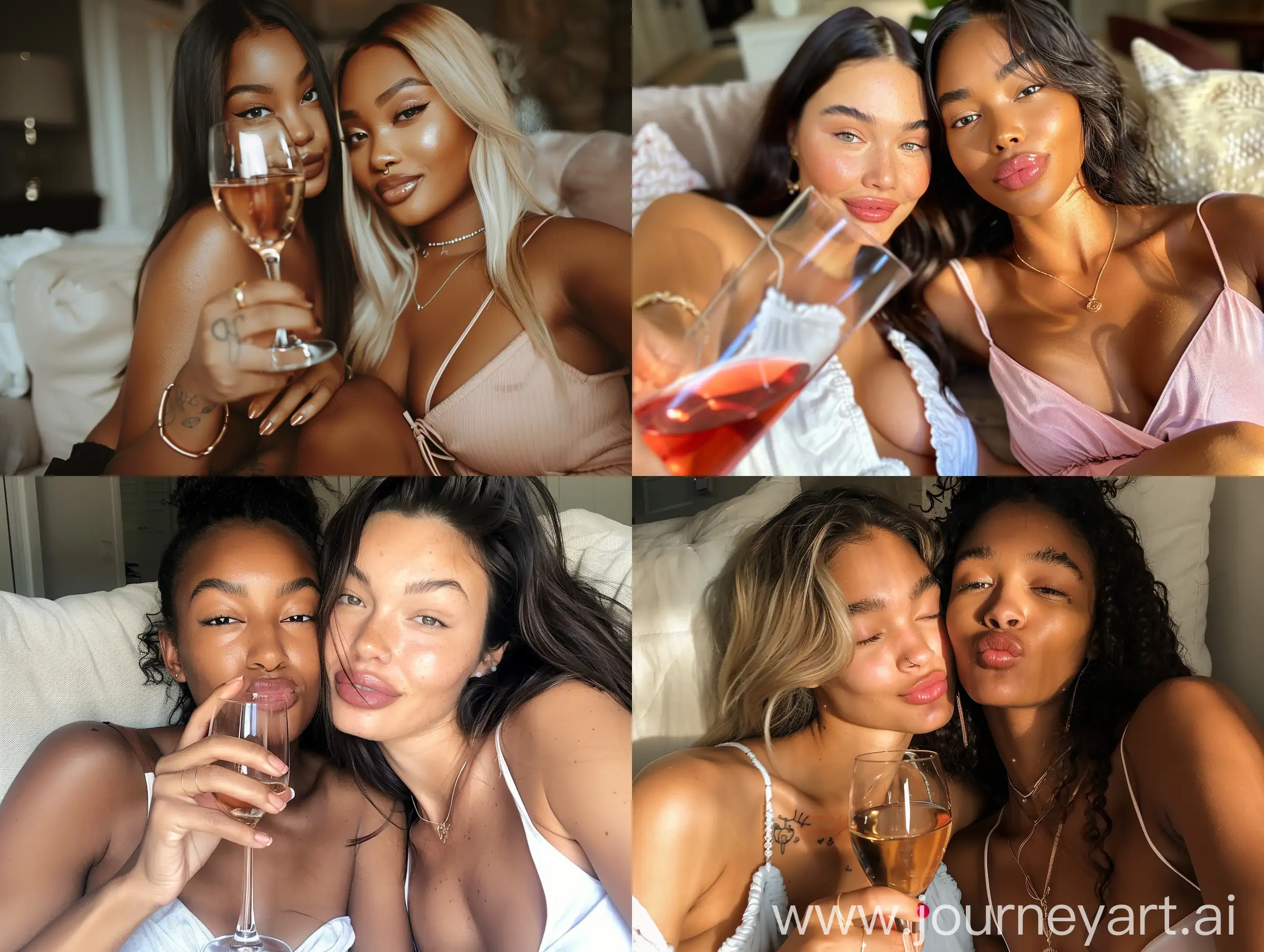 Aesthetic Instagram selfie of two girl best friends, at home, sitting on couch, drinking wine, mother's, flirty, drunk, super models, 1 black girl, 1 white girl, close up selfie